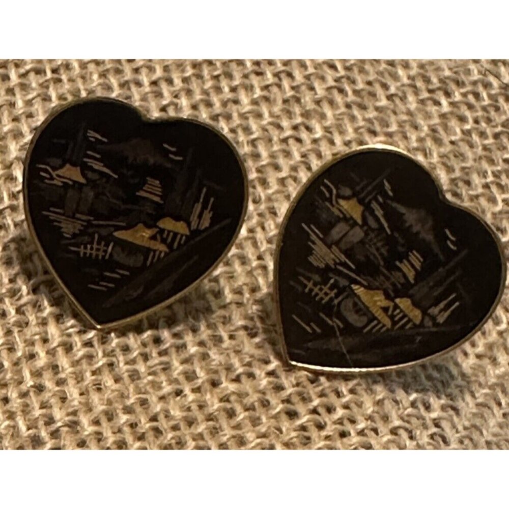 Japanese Damascene Goldtone/ Black  Cufflinks AMITA Japan Heart Wedding Mountain